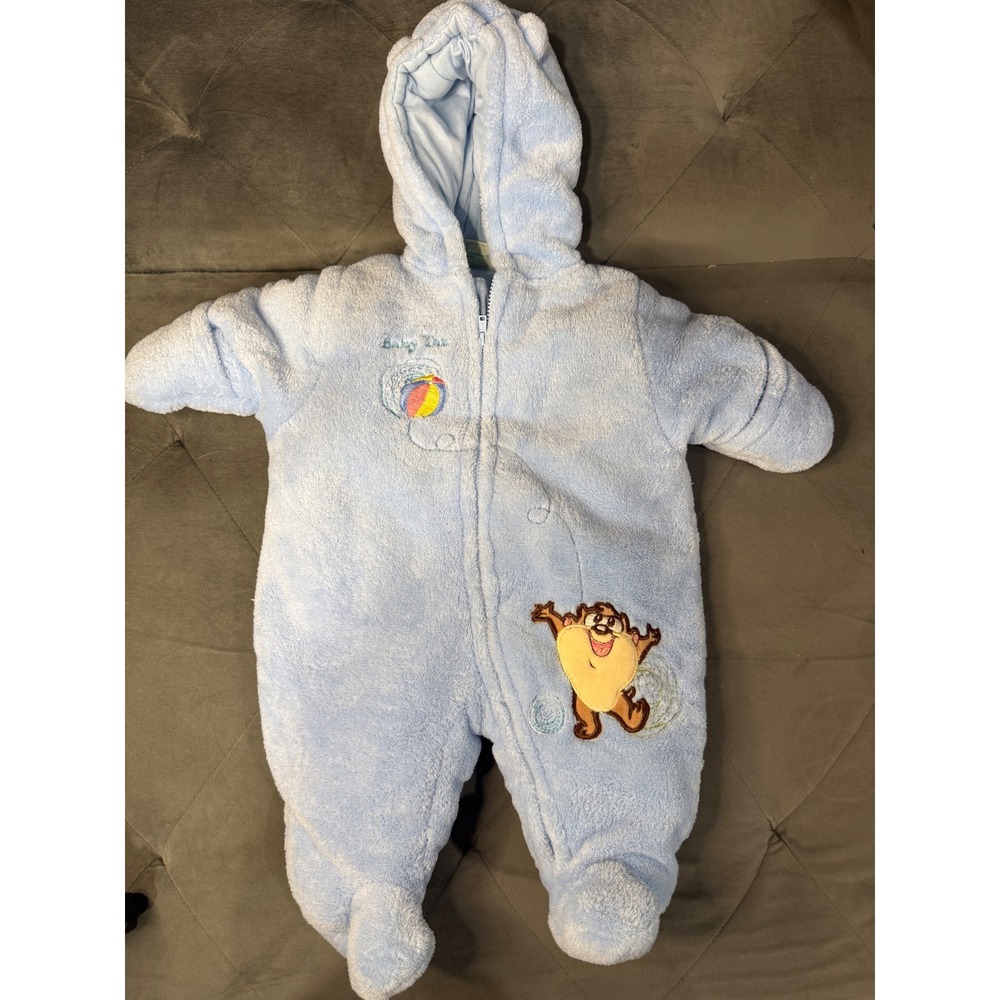 Vintage Baby Looney Tunes Taz Hooded Fleece Pram Suit Light Blue 0-3M BLNB105